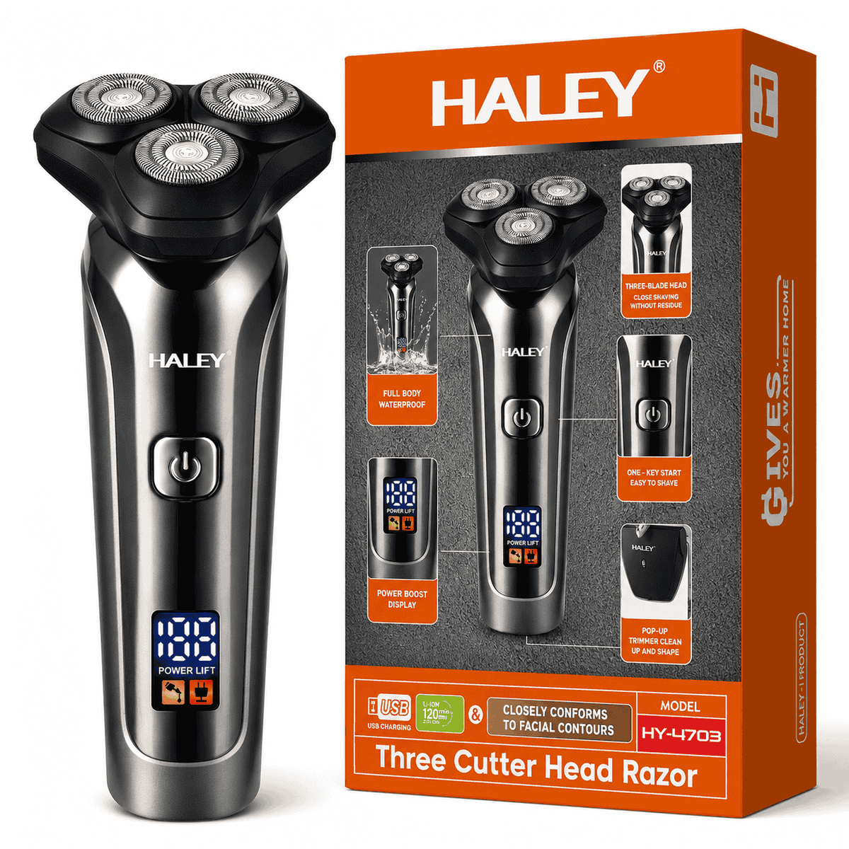 Aparat De Ras Electric Haley HY-4703, 3 Capete Rotative, Acumulator 1200 mAh, Autonomie 180 Minute, Waterproof, Încărcare USB
