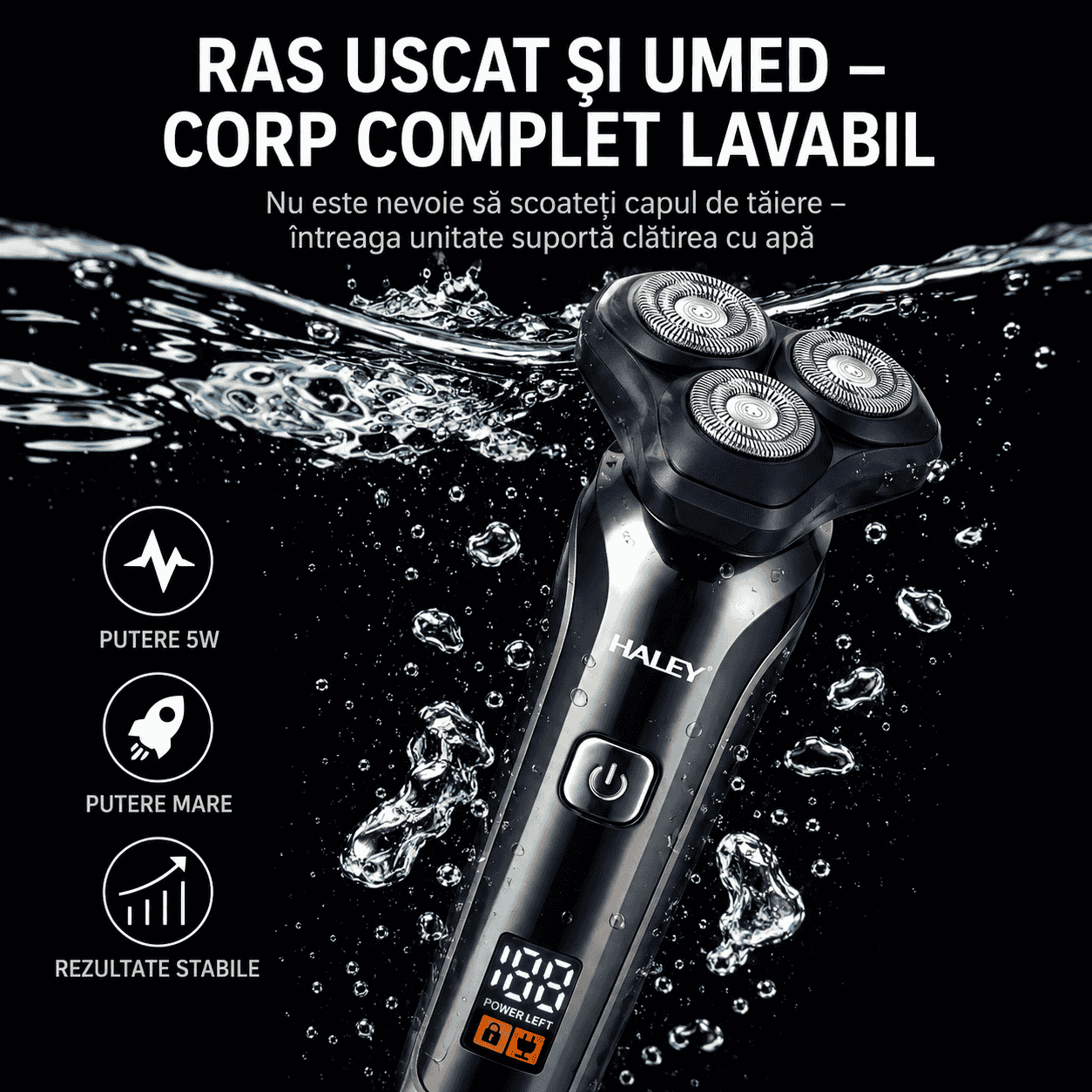 Aparat De Ras Electric Haley HY-4703, 3 Capete Rotative, Acumulator 1200 mAh, Autonomie 180 Minute, Waterproof, Încărcare USB