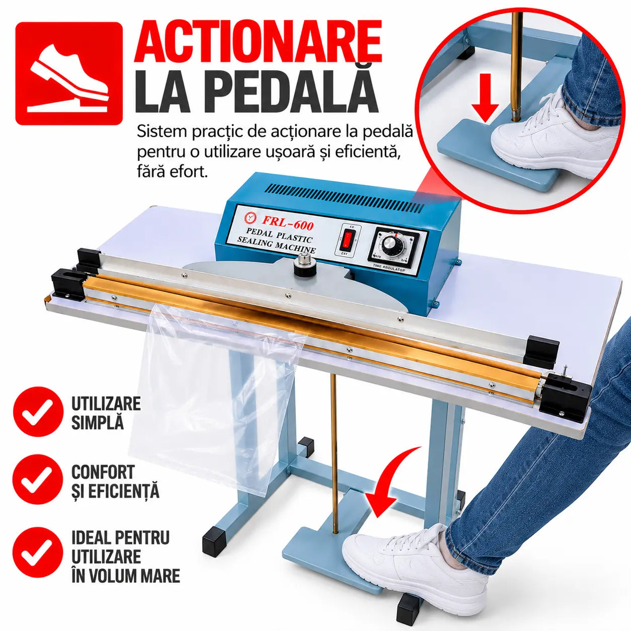 Aparat Profesional AT PERFORMANCE de Lipit și Sigilat Pungi și Saci PFS600 – Sigilare Rapidă, Precisă și Eficientă, 600 mm, 750W, Acționare la Pedală