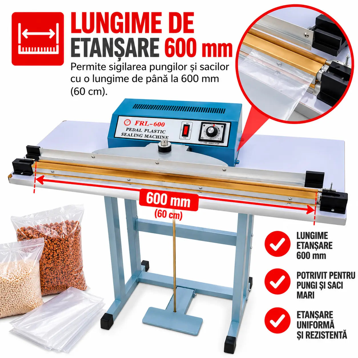 Aparat Profesional AT PERFORMANCE de Lipit și Sigilat Pungi și Saci PFS600 – Sigilare Rapidă, Precisă și Eficientă, 600 mm, 750W, Acționare la Pedală