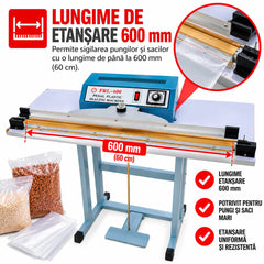 Aparat Profesional AT PERFORMANCE de Lipit și Sigilat Pungi și Saci PFS600 – Sigilare Rapidă, Precisă și Eficientă, 600 mm, 750W, Acționare la Pedală