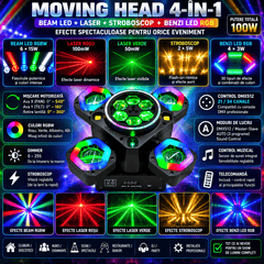 Moving Head Profesional 100W 4-în-1 – Beam RGB, LED Multicolor, Laser Roșu & Verde, Stroboscop, DMX512 21/34 Canale, Rotire 540°/180°, Control Muzical și Telecomandă