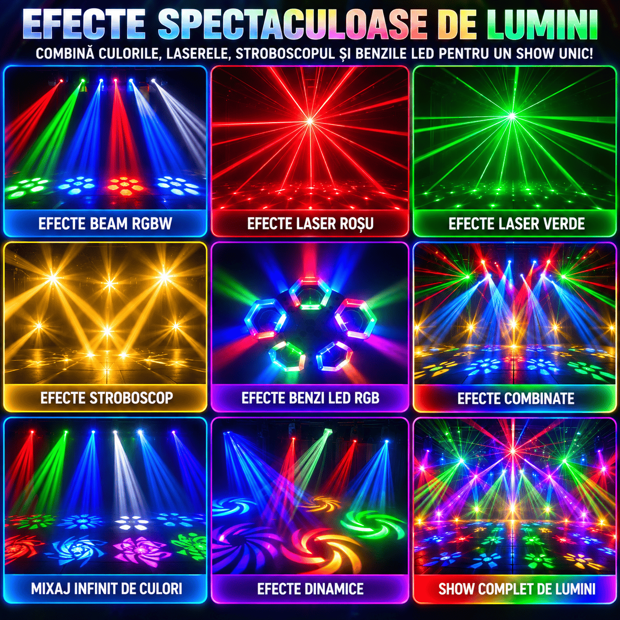 Moving Head Profesional 100W 4-în-1 – Beam RGB, LED Multicolor, Laser Roșu & Verde, Stroboscop, DMX512 21/34 Canale, Rotire 540°/180°, Control Muzical și Telecomandă