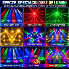 Moving Head Profesional 100W 4-în-1 – Beam RGB, LED Multicolor, Laser Roșu & Verde, Stroboscop, DMX512 21/34 Canale, Rotire 540°/180°, Control Muzical și Telecomandă