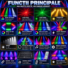 Moving Head Profesional 100W 4-în-1 – Beam RGB, LED Multicolor, Laser Roșu & Verde, Stroboscop, DMX512 21/34 Canale, Rotire 540°/180°, Control Muzical și Telecomandă
