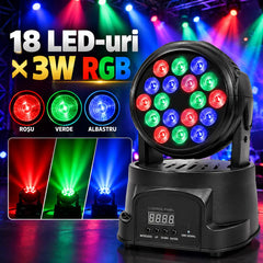 Moving Head LED 18x3W RGB, DMX 512, 8/13 Canale, Mod Automat, Sunet, Master-Slave, Stroboscop, Pan/Tilt