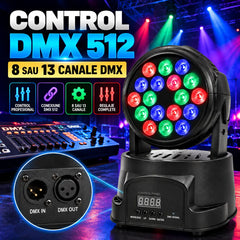 Moving Head LED 18x3W RGB, DMX 512, 8/13 Canale, Mod Automat, Sunet, Master-Slave, Stroboscop, Pan/Tilt