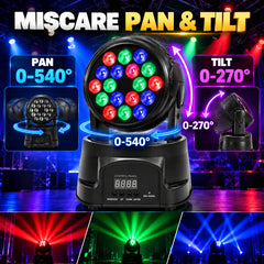 Moving Head LED 18x3W RGB, DMX 512, 8/13 Canale, Mod Automat, Sunet, Master-Slave, Stroboscop, Pan/Tilt