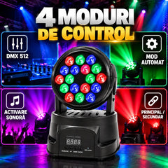 Moving Head LED 18x3W RGB, DMX 512, 8/13 Canale, Mod Automat, Sunet, Master-Slave, Stroboscop, Pan/Tilt