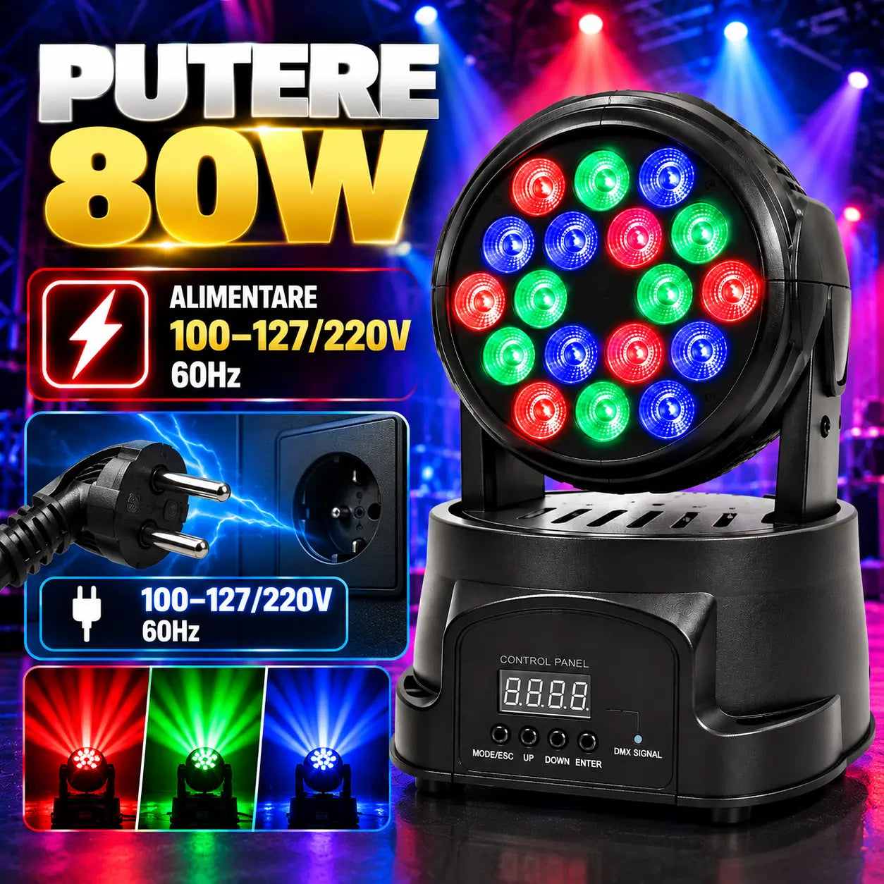 Moving Head LED 18x3W RGB, DMX 512, 8/13 Canale, Mod Automat, Sunet, Master-Slave, Stroboscop, Pan/Tilt