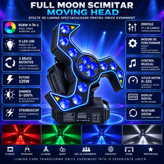 Moving Head LED Full Moon Simitar 120W – 4 LED-uri RGBW 4-în-1, 17/55 Canale DMX512, Pan/Tilt, Strobe, Dimmer, Control DMX, Auto, Master-Slave și Sound Control