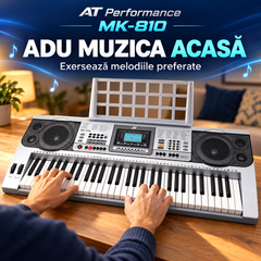 Orgă electronică AT Performance MK-810, 61 de clape, afișaj LCD, difuzoare integrate, suport pentru partituri, 97 × 38 × 14 cm, argintiu cu negru