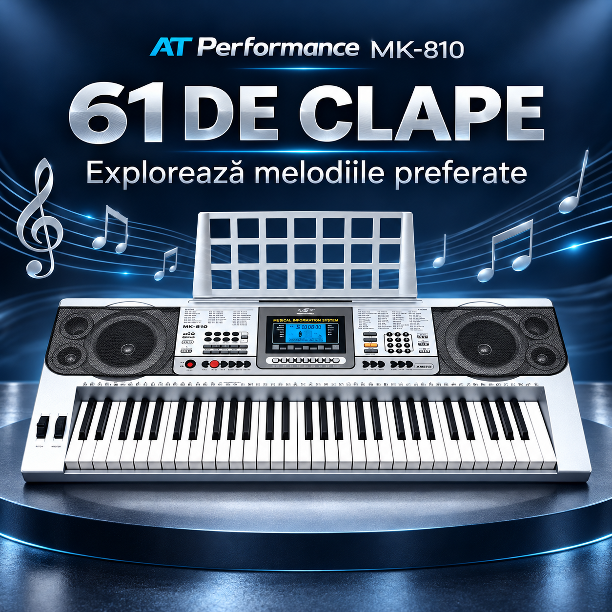 Orgă electronică AT Performance MK-810, 61 de clape, afișaj LCD, difuzoare integrate, suport pentru partituri, 97 × 38 × 14 cm, argintiu cu negru