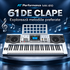 Orgă electronică AT Performance MK-810, 61 de clape, afișaj LCD, difuzoare integrate, suport pentru partituri, 97 × 38 × 14 cm, argintiu cu negru