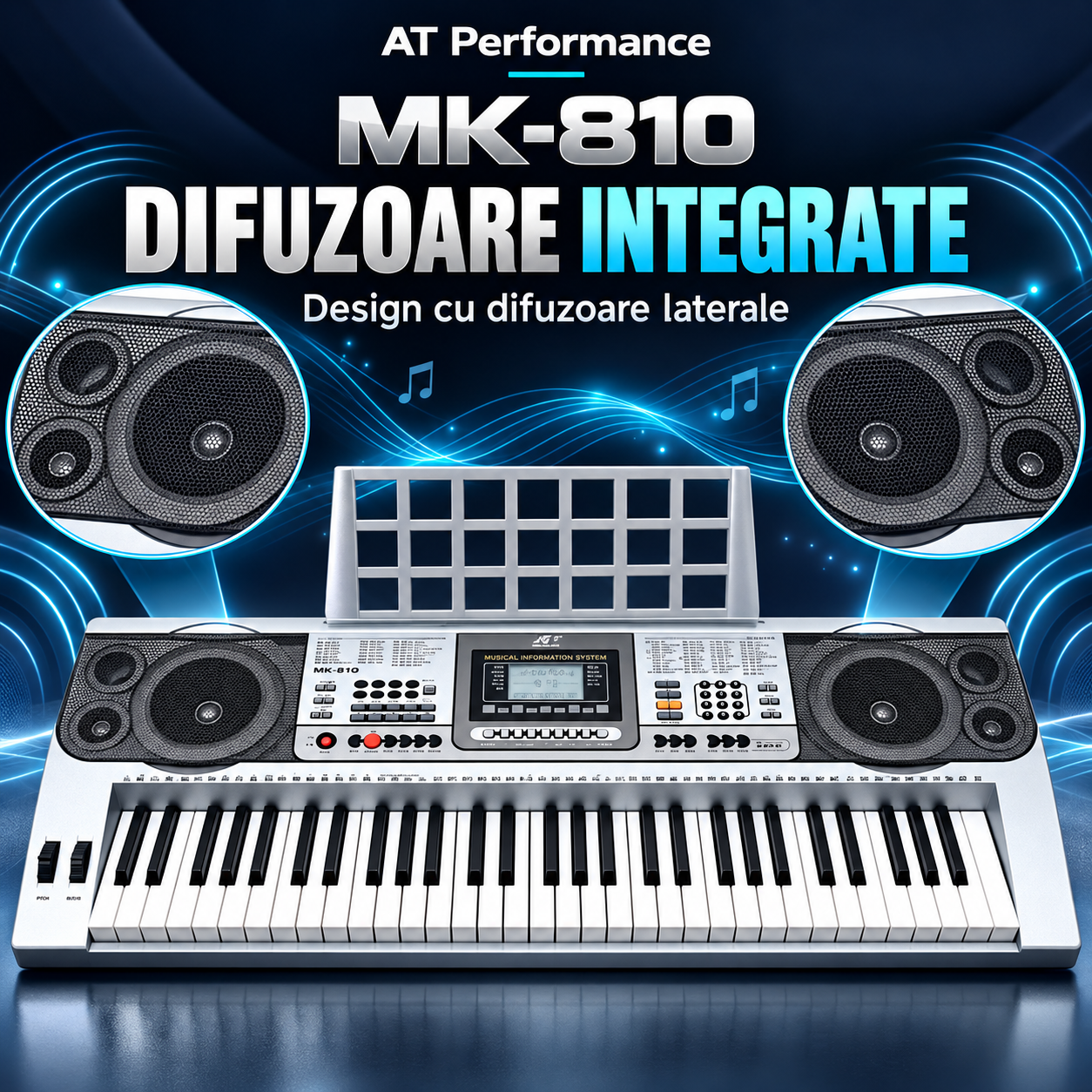 Orgă electronică AT Performance MK-810, 61 de clape, afișaj LCD, difuzoare integrate, suport pentru partituri, 97 × 38 × 14 cm, argintiu cu negru