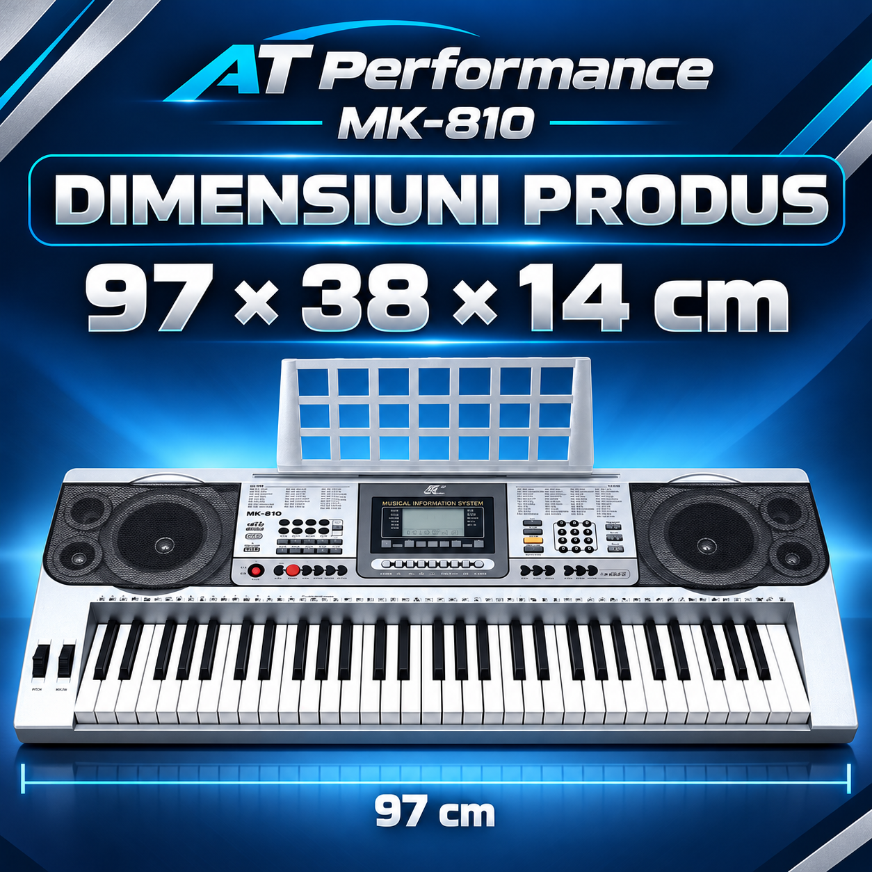Orgă electronică AT Performance MK-810, 61 de clape, afișaj LCD, difuzoare integrate, suport pentru partituri, 97 × 38 × 14 cm, argintiu cu negru