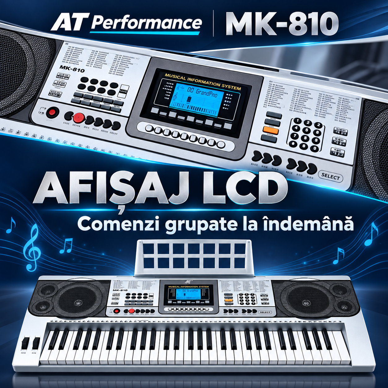 Orgă electronică AT Performance MK-810, 61 de clape, afișaj LCD, difuzoare integrate, suport pentru partituri, 97 × 38 × 14 cm, argintiu cu negru