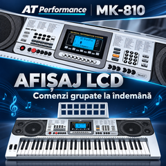 Orgă electronică AT Performance MK-810, 61 de clape, afișaj LCD, difuzoare integrate, suport pentru partituri, 97 × 38 × 14 cm, argintiu cu negru