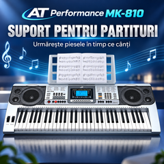 Orgă electronică AT Performance MK-810, 61 de clape, afișaj LCD, difuzoare integrate, suport pentru partituri, 97 × 38 × 14 cm, argintiu cu negru