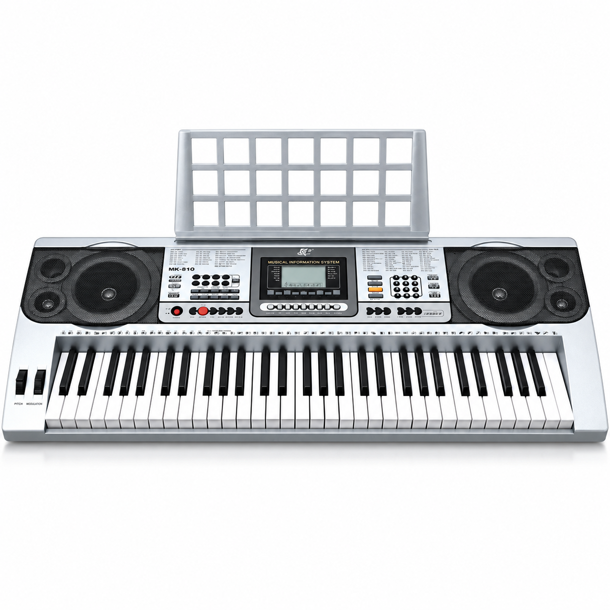 Orgă electronică AT Performance MK-810, 61 de clape, afișaj LCD, difuzoare integrate, suport pentru partituri, 97 × 38 × 14 cm, argintiu cu negru