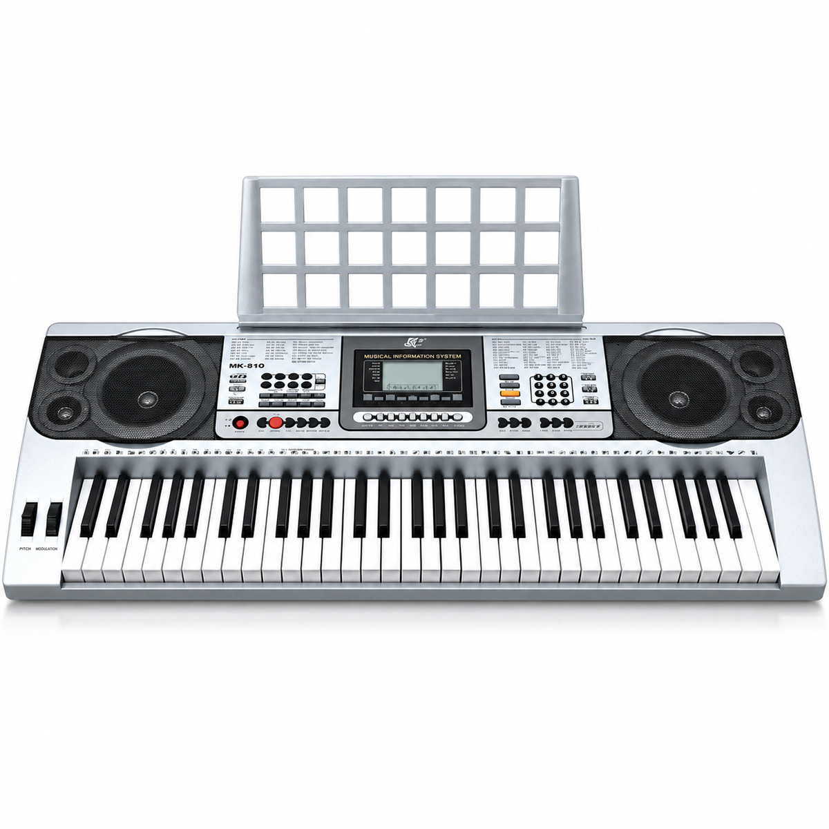 Orgă electronică AT Performance MK-810, 61 de clape, afișaj LCD, difuzoare integrate, suport pentru partituri, 97 × 38 × 14 cm, argintiu cu negru