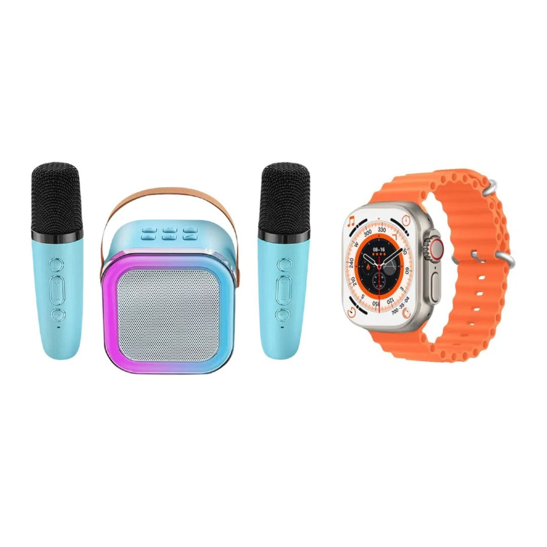 Pachet Smartwatch AMOLED 49mm + Boxă Karaoke cu 2 Microfoane AT PERFORMANCE® – Apel Bluetooth, Muzică, Fitness & Distracție