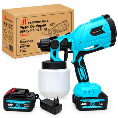 Pistol de vopsit electric cu acumulator AT PERFORMANCE® AT-401, 48V, rezervor 1000 ml, 1200 ml/min, 3 moduri pulverizare