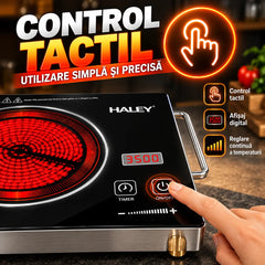 Plită cu Inducție HALEY 3500W, Geam Cristal Negru, Timer, Control Tactil, Oprire Automată, Protecție la Supraincălzire