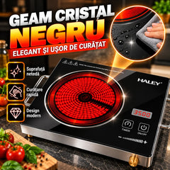Plită cu Inducție HALEY 3500W, Geam Cristal Negru, Timer, Control Tactil, Oprire Automată, Protecție la Supraincălzire