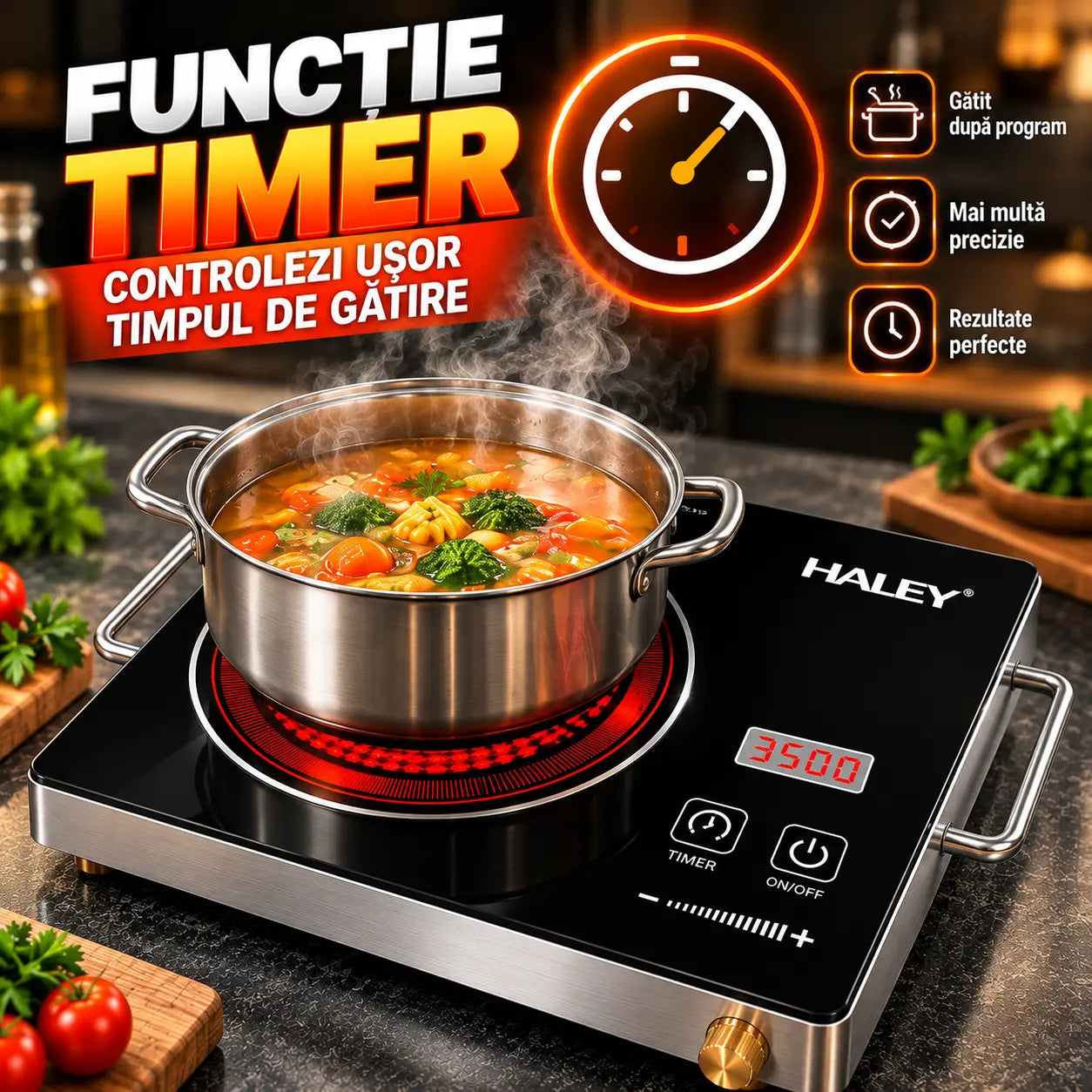 Plită cu Inducție HALEY 3500W, Geam Cristal Negru, Timer, Control Tactil, Oprire Automată, Protecție la Supraincălzire