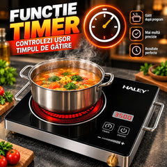 Plită cu Inducție HALEY 3500W, Geam Cristal Negru, Timer, Control Tactil, Oprire Automată, Protecție la Supraincălzire