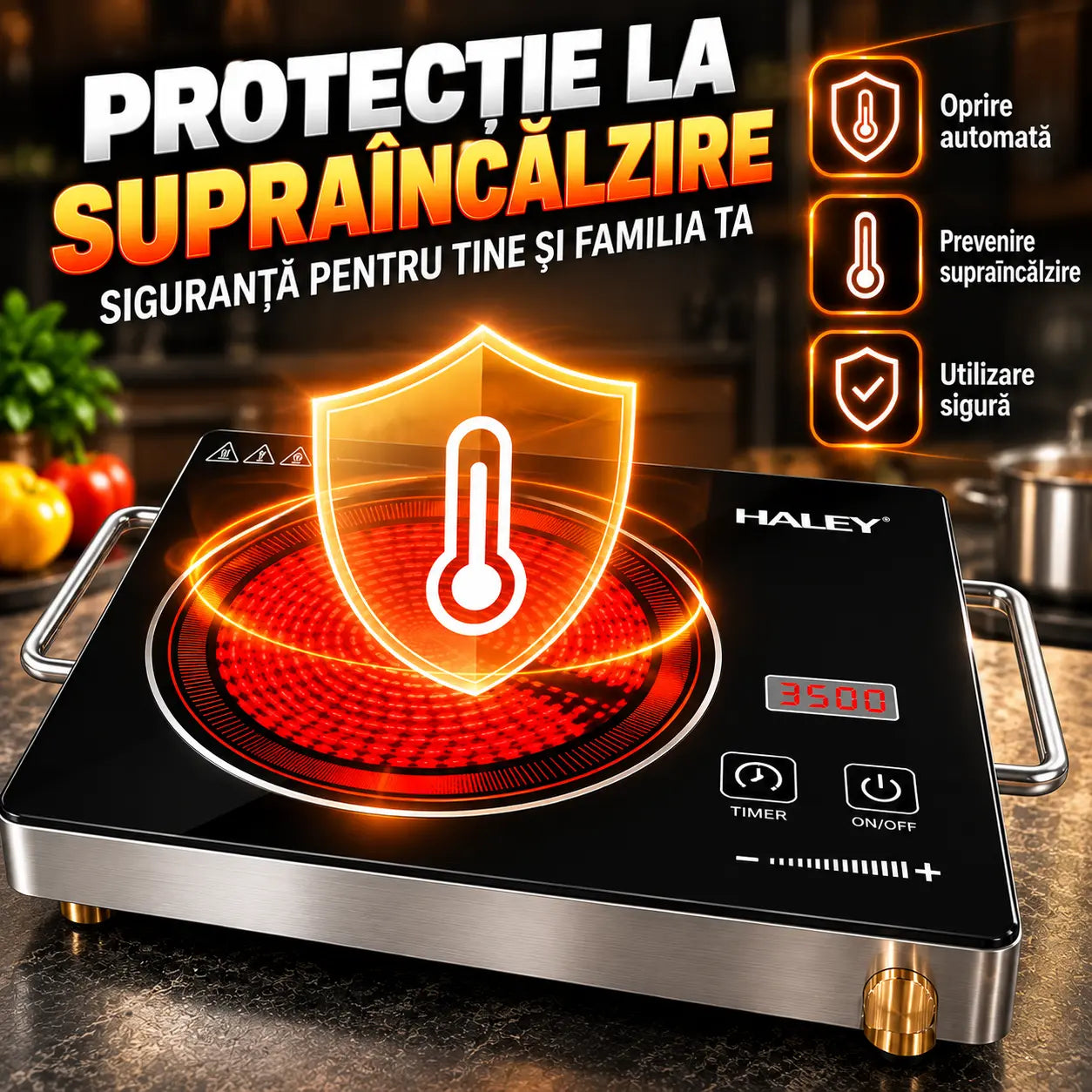 Plită cu Inducție HALEY 3500W, Geam Cristal Negru, Timer, Control Tactil, Oprire Automată, Protecție la Supraincălzire