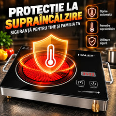 Plită cu Inducție HALEY 3500W, Geam Cristal Negru, Timer, Control Tactil, Oprire Automată, Protecție la Supraincălzire