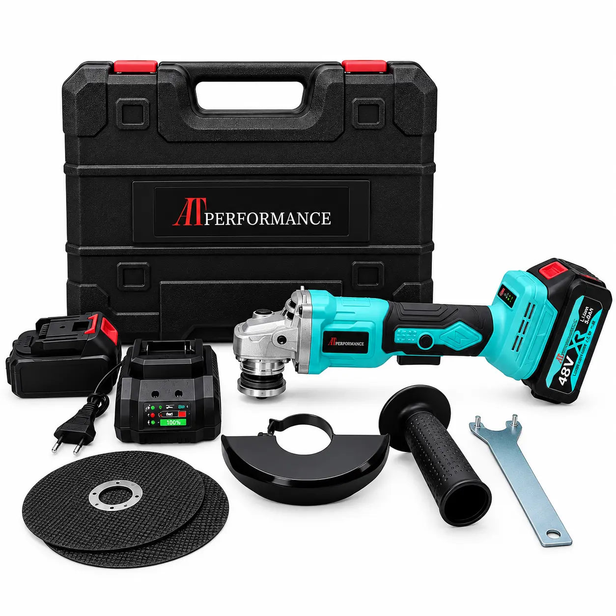 Polizor Unghiular cu Acumulator AT PERFORMANCE® AT-2098, 48V, Disc 125 mm, 10.000 RPM, 2 Acumulatori Li-Ion 5.0Ah, Încărcător și 2 Discuri
