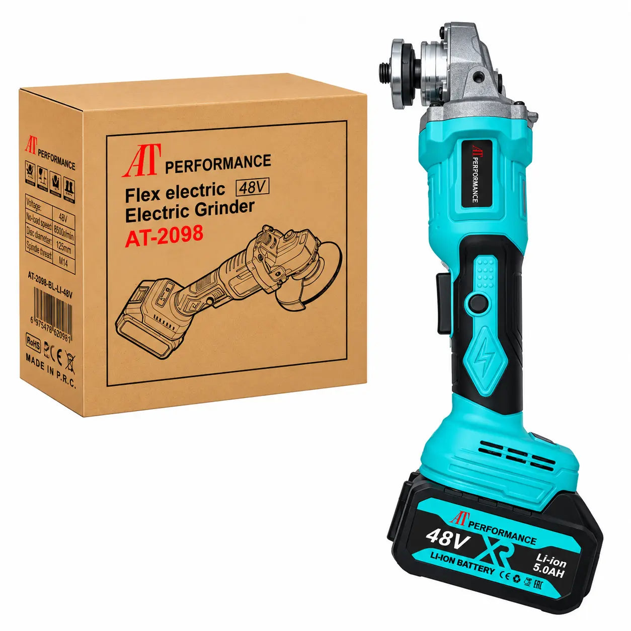Polizor Unghiular cu Acumulator AT PERFORMANCE® AT-2098, 48V, Disc 125 mm, 10.000 RPM, 2 Acumulatori Li-Ion 5.0Ah, Încărcător și 2 Discuri