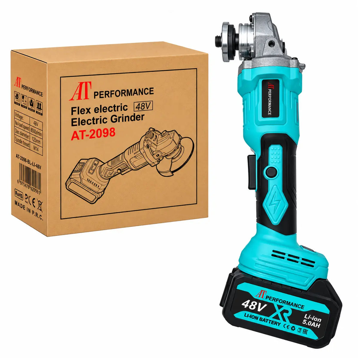 Polizor Unghiular cu Acumulator AT PERFORMANCE® AT-2098, 48V, Disc 125 mm, 10.000 RPM, 2 Acumulatori Li-Ion 5.0Ah, Încărcător și 2 Discuri