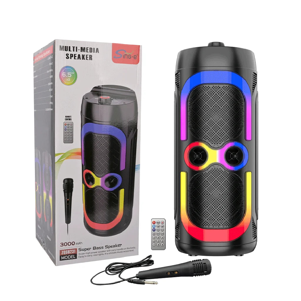 Boxă Portabilă Sing-e 6.5” x2 cu Bluetooth, Lumini RGB, USB/TF, Radio FM și Microfon – 20W, TWS