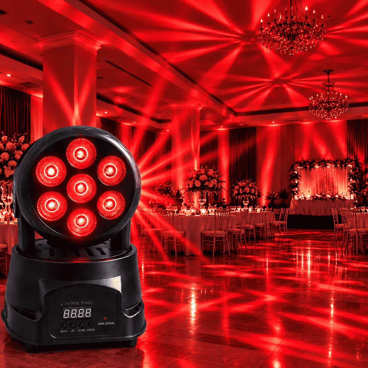 Proiector LED Moving Head Onistek ON-LP501, 7 LED-uri, RGBW, Cap Rotativ, Efecte Luminoase, DMX, Auto și Activare la Sunet, pentru Petreceri, Evenimente și Scenă