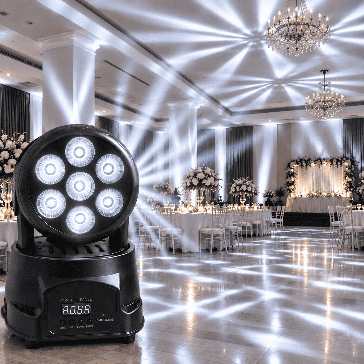 Proiector LED Moving Head Onistek ON-LP501, 7 LED-uri, RGBW, Cap Rotativ, Efecte Luminoase, DMX, Auto și Activare la Sunet, pentru Petreceri, Evenimente și Scenă
