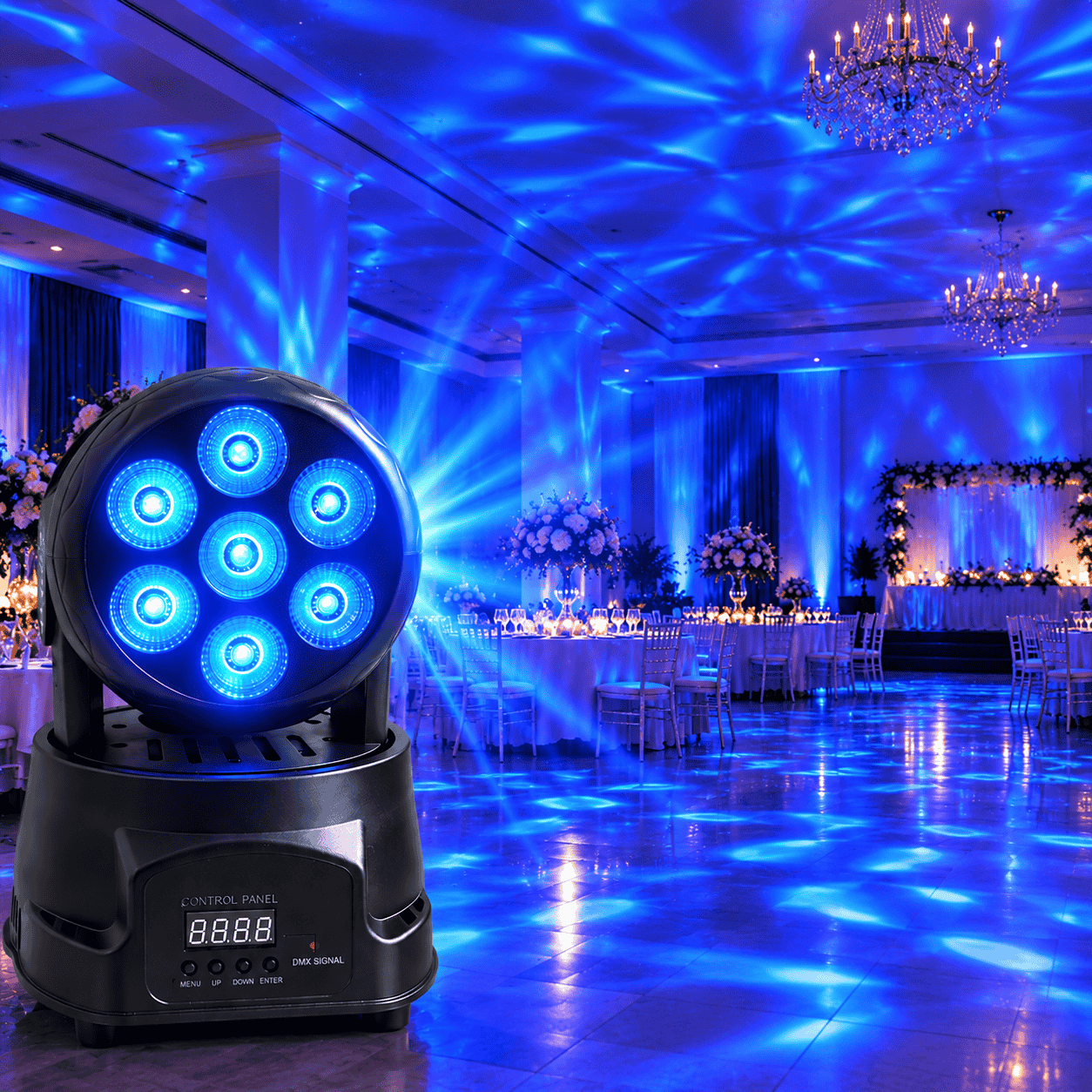 Proiector LED Moving Head Onistek ON-LP501, 7 LED-uri, RGBW, Cap Rotativ, Efecte Luminoase, DMX, Auto și Activare la Sunet, pentru Petreceri, Evenimente și Scenă