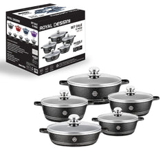 Set Premium 10 Piese AT PERFORMANCE – Oale cu acoperire din marmură și capace din sticlă semitransparentă, 5 dimensiuni pentru gătit versatil