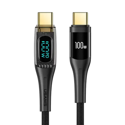 Cablu de Date &amp; Încărcare Rapidă USAMS Shadow Series, USB-C la USB-C, 100W PD, Display Digital LED, Nylon Împletit, 1.2m