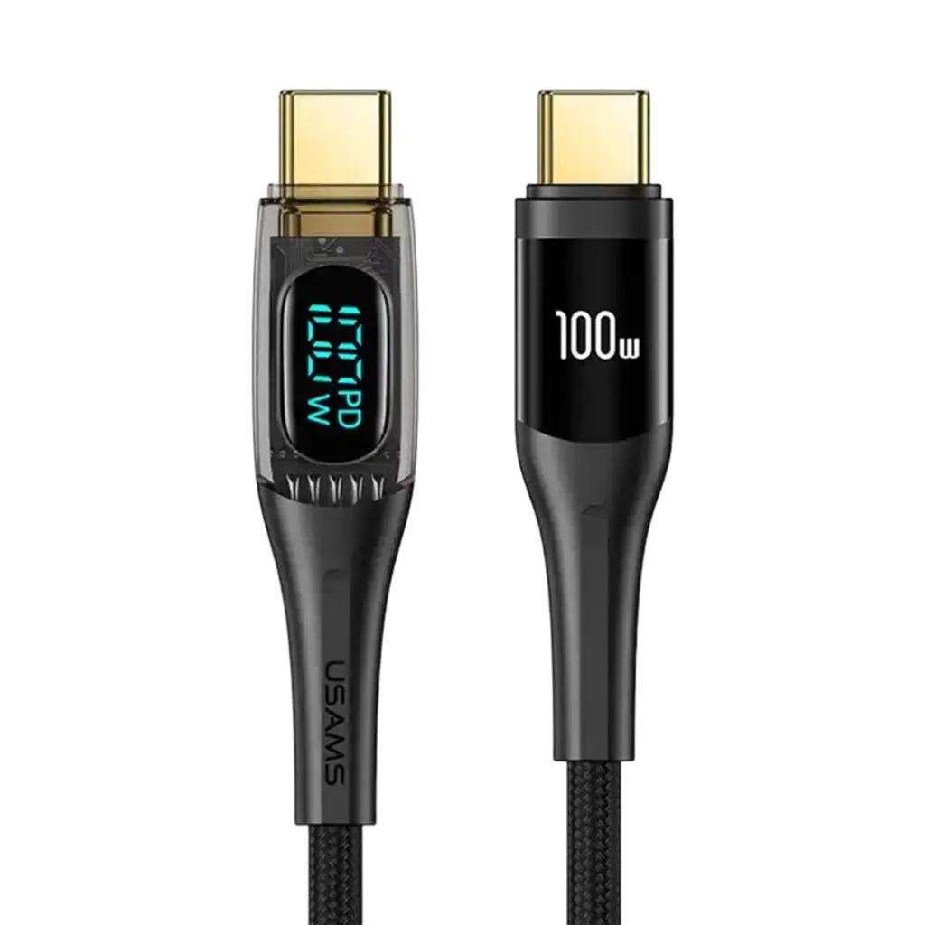 Cablu de Date &amp; Încărcare Rapidă USAMS Shadow Series, USB-C la USB-C, 100W PD, Display Digital LED, Nylon Împletit, 1.2m