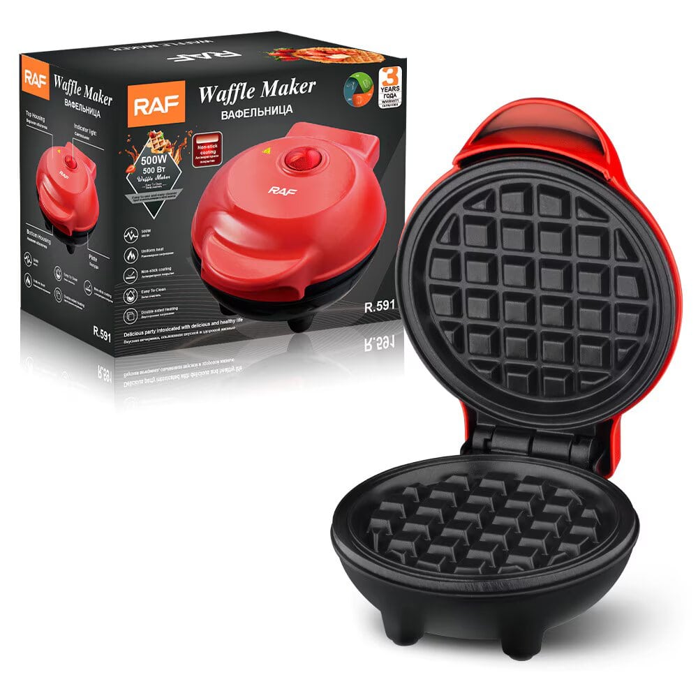 Aparat pentru preparat mini waffe/gofre RAF 591, 350W, Placi antiaderente, Indicator luminos, Rosu