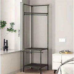 Cuier metalic de colt, At performance, 2 rafturi din material, pentru organizare, 2 manere de agatat, negru