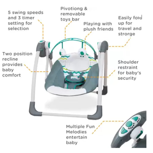 Leagan Electric de bebe, At Performance, Cu 7 melodii, 3 sunete naturale, 2 pozitii de reglare scaun, Albastru