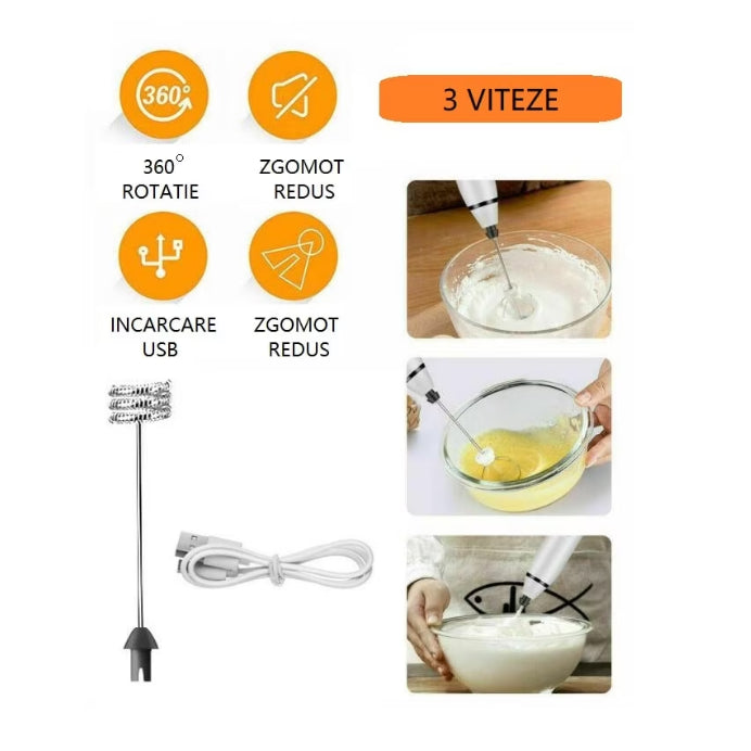 Mini Mixer electric cu acumulator, pentru a face spuma de lapte, frappe, cappucino sau mixat oua, brat otel inoxidabil, incarcare USB, Negru
