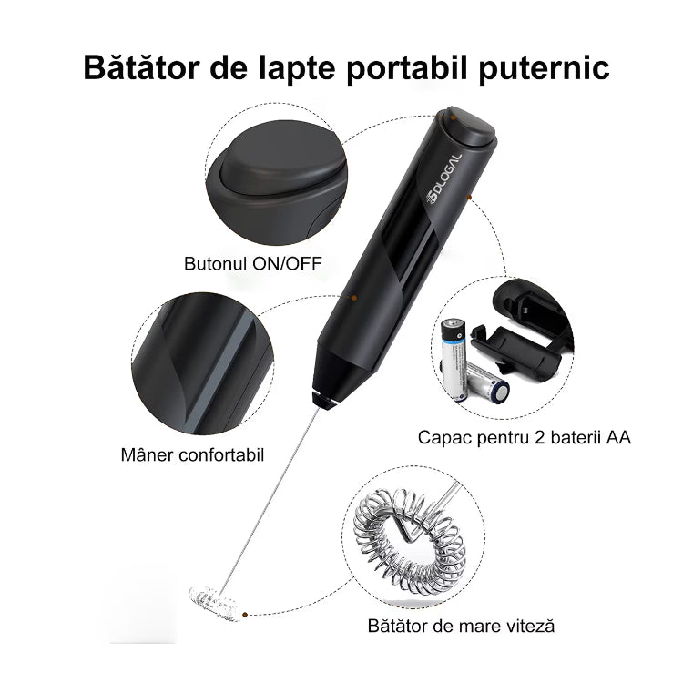 Mixer spuma lapte, At Performance, Electric cu baterie, bauturi calde/reci, maner izolat termic, otel inoxidabil, Pentru latte, ciocolata calda, cappuccino, frappe, usor de folosit cu suport metalic