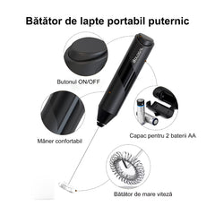 Mixer spuma lapte, At Performance, Electric cu baterie, bauturi calde/reci, maner izolat termic, otel inoxidabil, Pentru latte, ciocolata calda, cappuccino, frappe, usor de folosit cu suport metalic