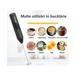 Mixer spuma lapte, At Performance, Electric cu baterie, bauturi calde/reci, maner izolat termic, otel inoxidabil, Pentru latte, ciocolata calda, cappuccino, frappe, usor de folosit cu suport metalic